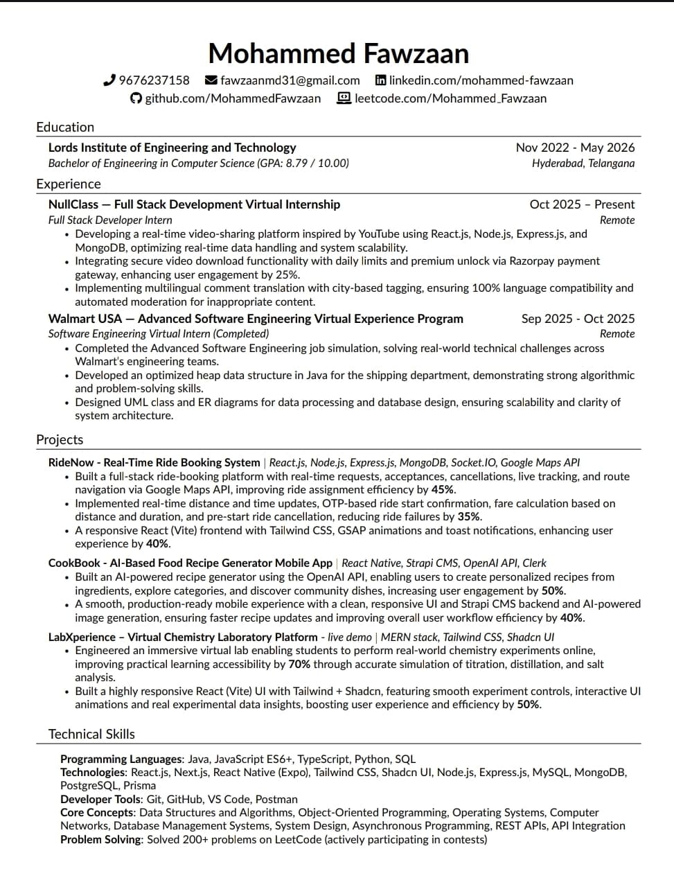 Mohammed Fawzaan Resume Preview